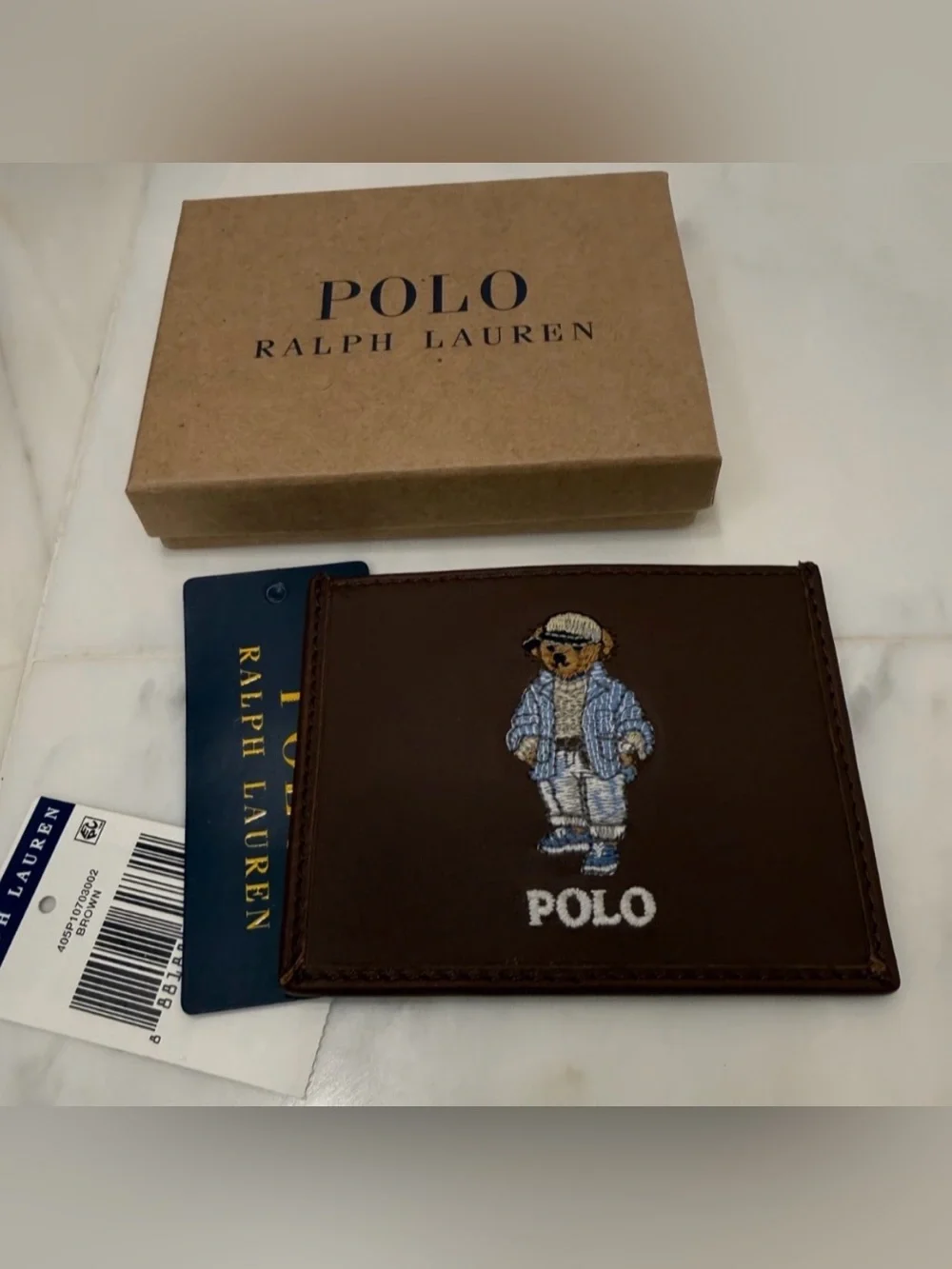 NEW Polo Ralph Lauren COASTAL BEAR Leather Slim Card Case Wallet - BROWN